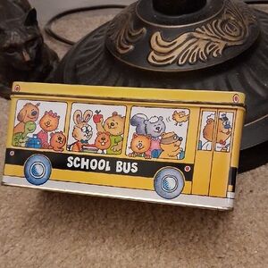 Animal Friends Yellow School Bus Tin Bank - vintage